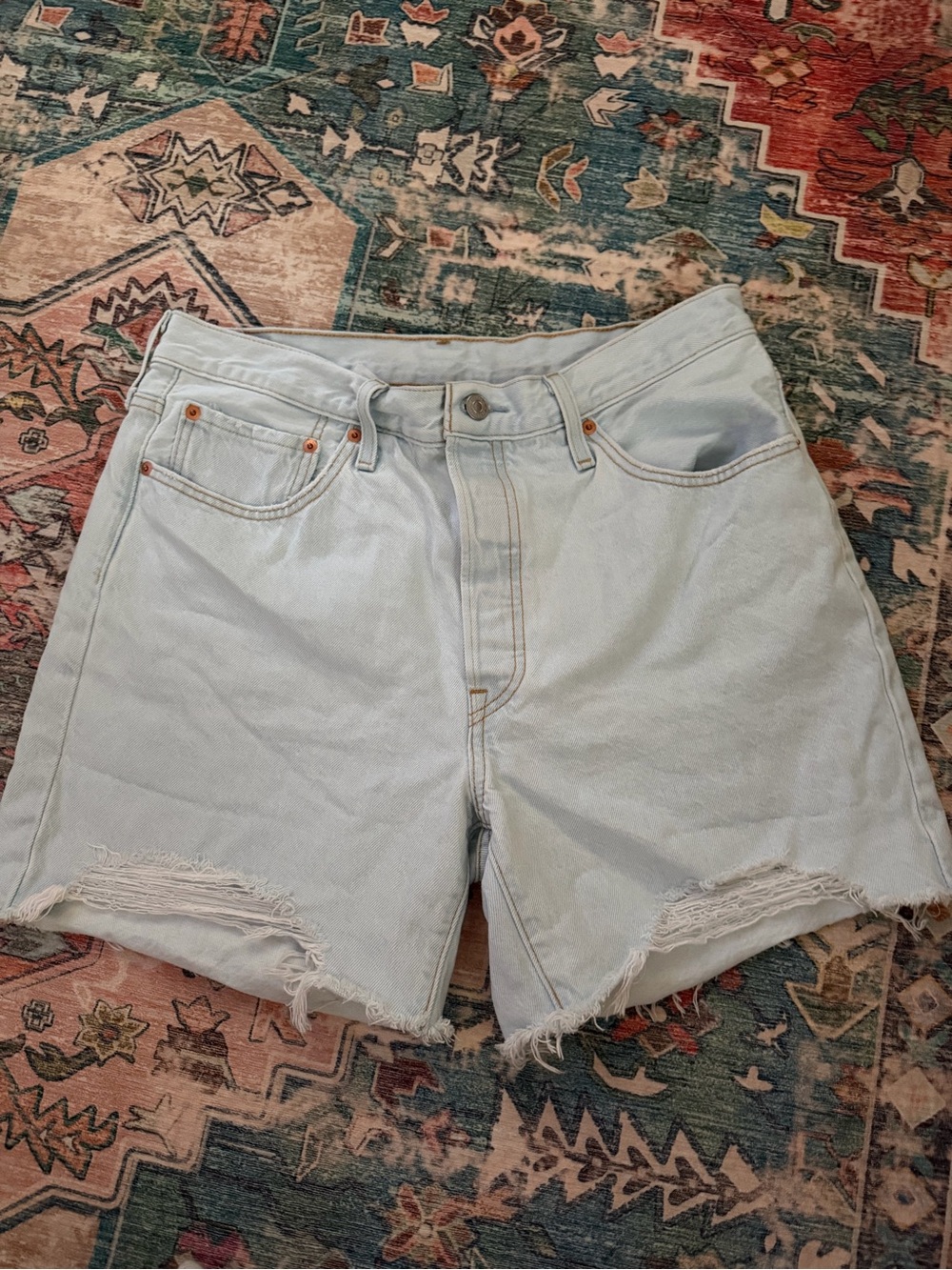Levi 501 Light Blue High-Rise Distressed Denim Shorts